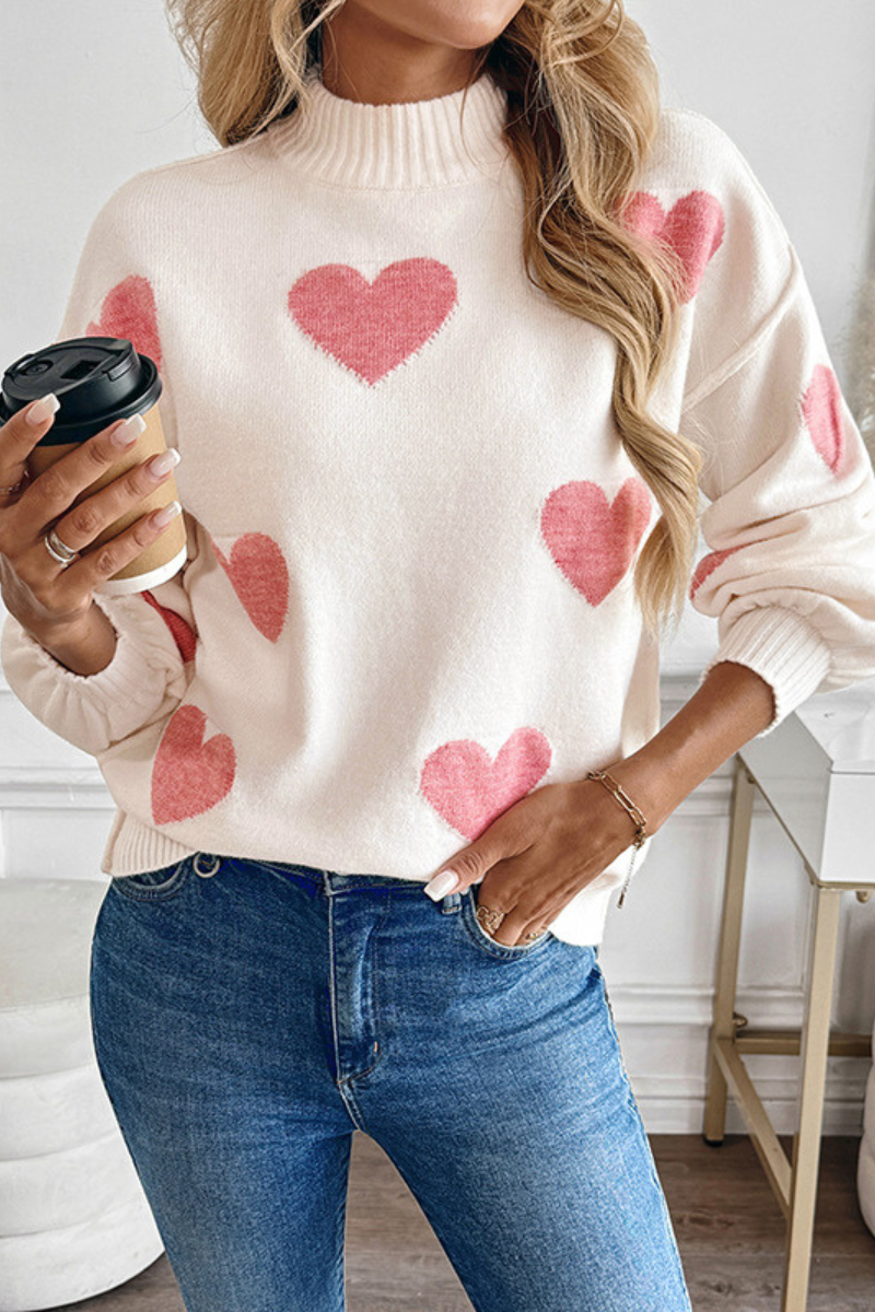 Heart-shaped pattern, semi-high collar, knitted sweater