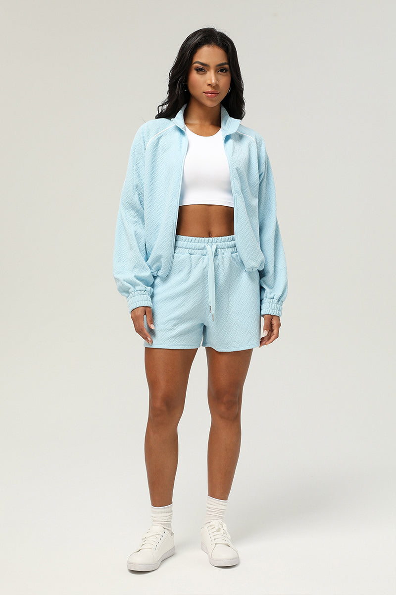 2 Pcs Set Casual Stand Collar Jacket + Drawstring Outdoor Running Shorts