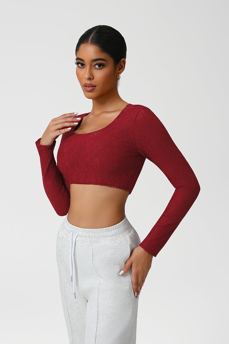 Women Lace Square Neck Cropped Yoga Long Sleeves