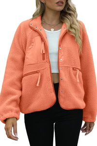 Women's Fall/Winter Patch Pockets Fleece Snap Button Jacket