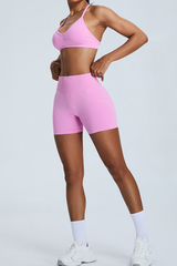 Women's Set:V-neck Cross Back Bra And Pleated Buttocks Lift Shorts