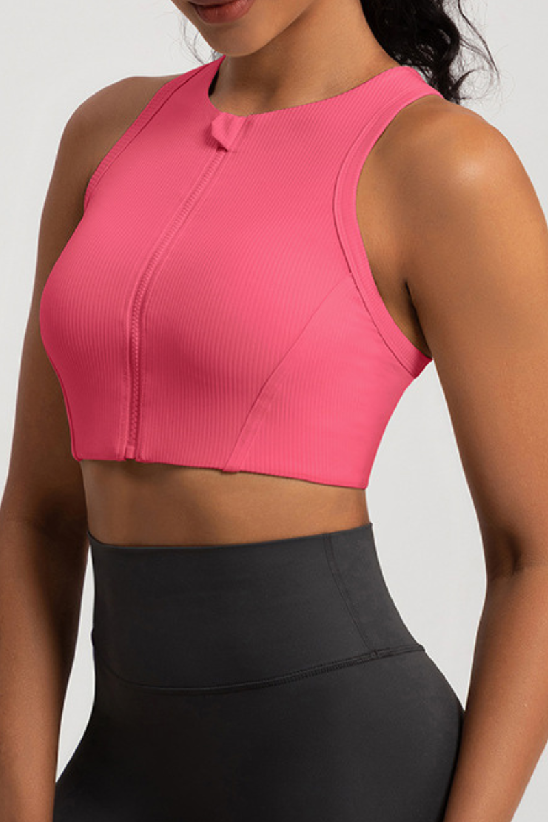 Women's Ribbed Front Zipper Racerback High Impact Sports Bra