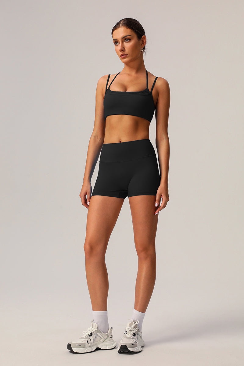 2 Pcs Set High Elastic Thin Strap Halter Neck Fitness Running Sports Bra + Push-Up Shorts