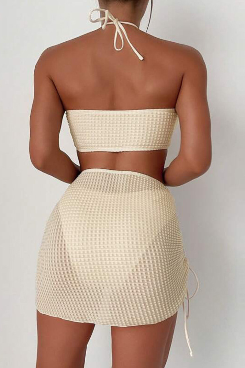 Women's Halter Pleated Side Tie 3 Piece Bikini Set