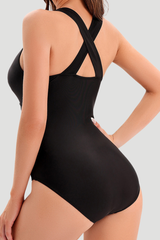 Women's Black Mesh Swimsuit - Removable Pads Deep V Cross