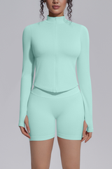 Women's Seamless Stretchy Jacket And No Front Seam Short Set