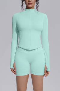 Women's Seamless Stretchy Jacket And No Front Seam Short Set