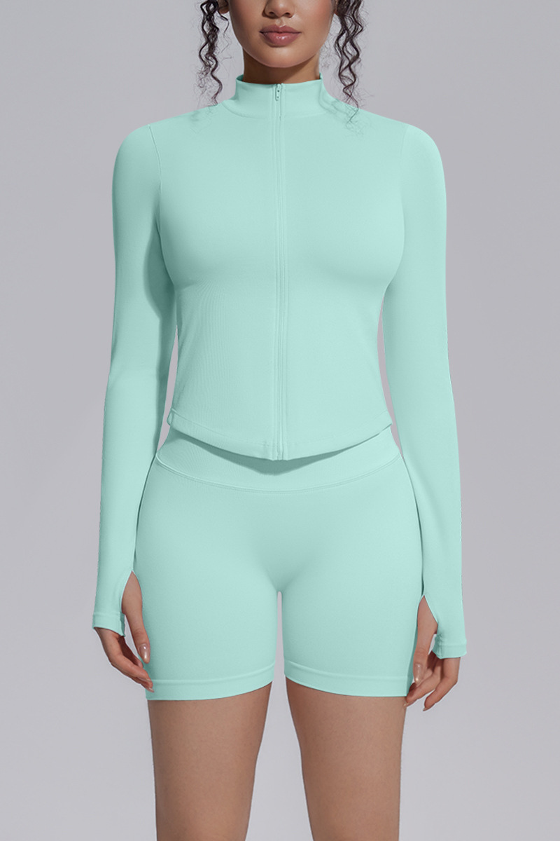 Women's Seamless Stretchy Jacket And No Front Seam Short Set