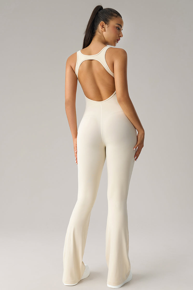 Women U-Neck Open-Back Sculpting Flared Pants Yoga Bodysuit