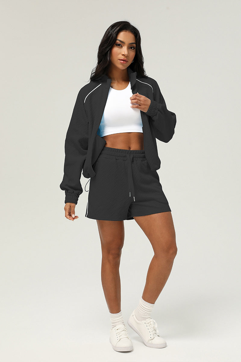 2 Pcs Set Casual Stand Collar Jacket + Drawstring Outdoor Running Shorts