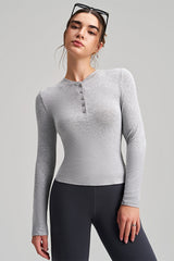 Women Slim-Fit Henley-Collar Workout Long Sleeve Top