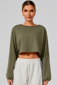 Women's Fall Cropped Drop Shoulder Long Sleeve Top