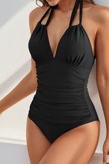 Women's V-neck Pleated Halterneck Waist Cinching Swimsuit