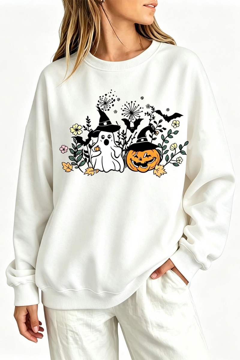 Women's Fall Halloween Witch Ghost Floral Horror Sweatshirt