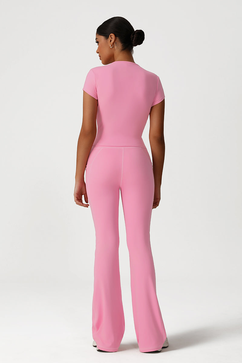 Women Naked Feel Yoga Set: Short Sleeve Top + Flared Pants