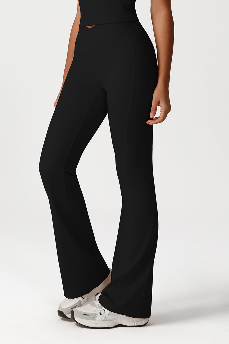 Women Cross Waist Flared Yoga Pants with Side Pocket