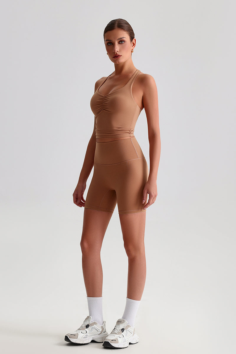 Women Solid Naked Sensation Yoga Set: High-Waisted Sculpting Shorts + Crisscross Back Support Bra