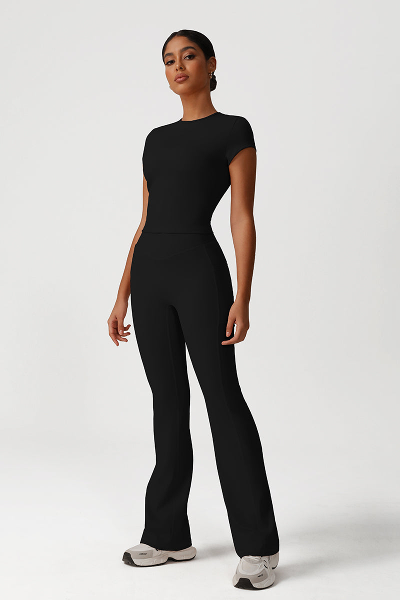 Women Naked Feel Yoga Set: Short Sleeve Top + Flared Pants