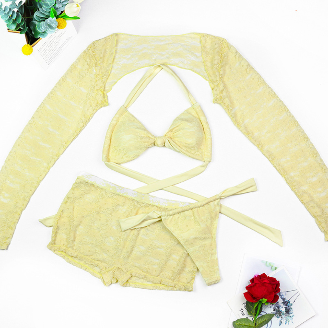 Women's Sexy Lace Hollow Halter Low Waist Bikini Set - 4pcs