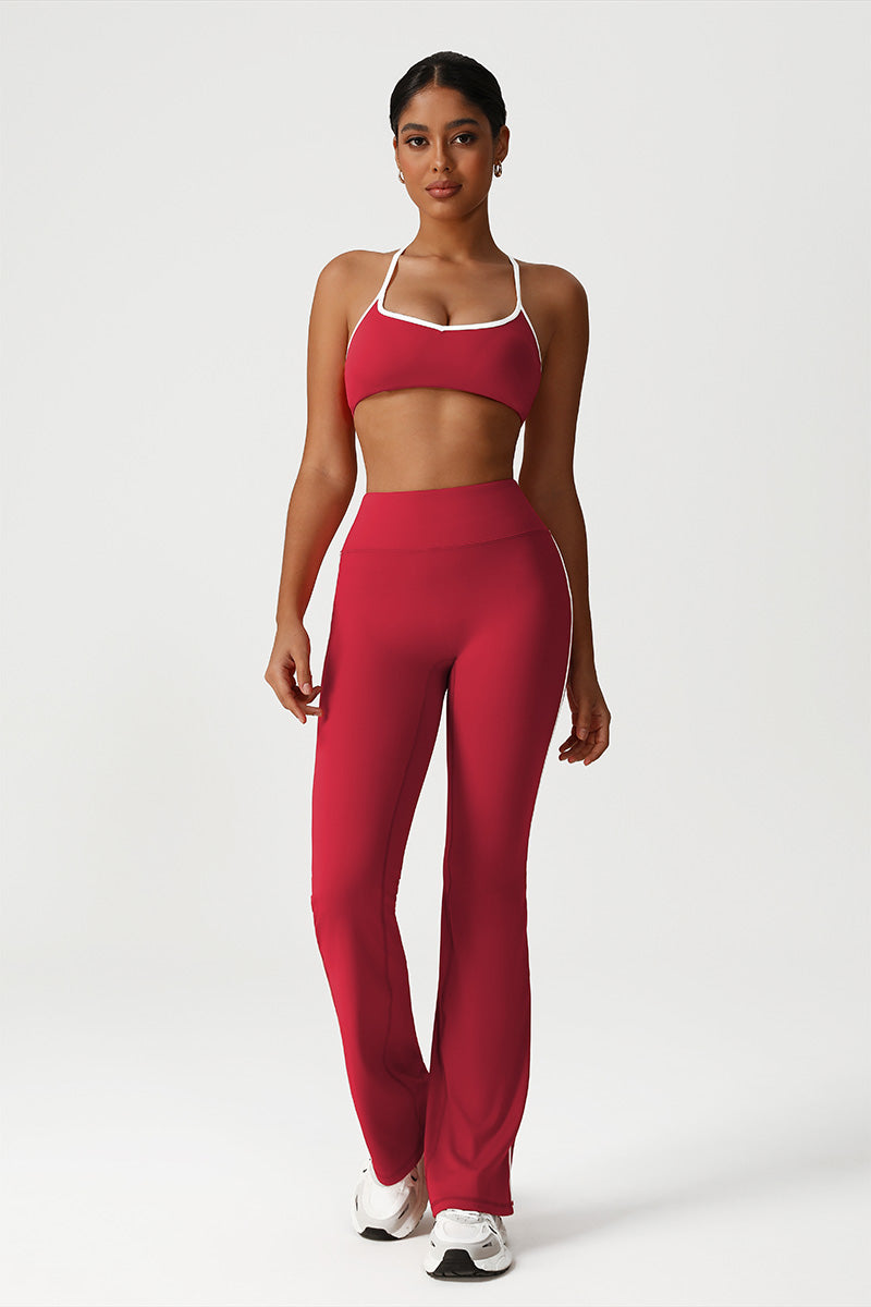 Women Seamless High Waisted Flared Yoga Set: Cross Back Sports Bra + Flared Leggings