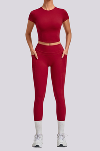 Women's Crew Neck T-shirt Pocket Leggings Yoga 2 Piece Set