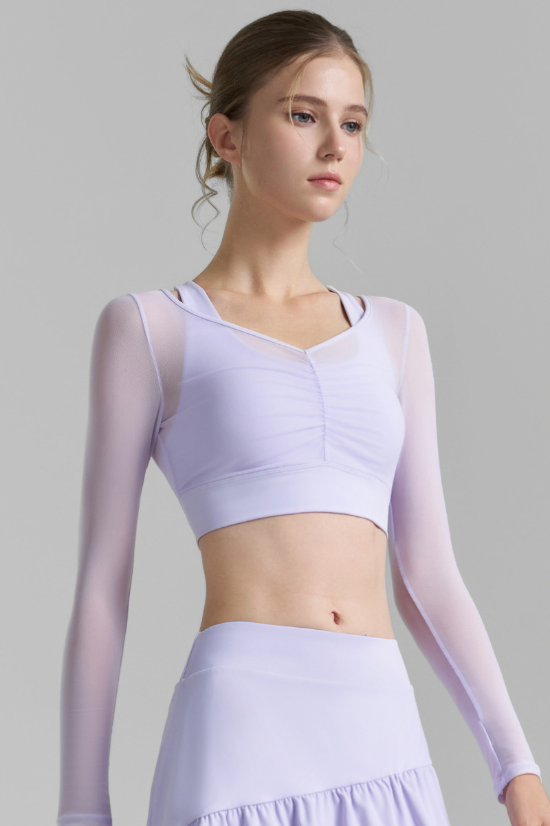 Women's Mesh Fake Two Piece Pleated Long Sleeve Yoga Top