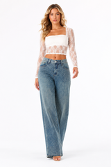 Women's High Waist Rhinestone Embellished Straight Leg Jeans