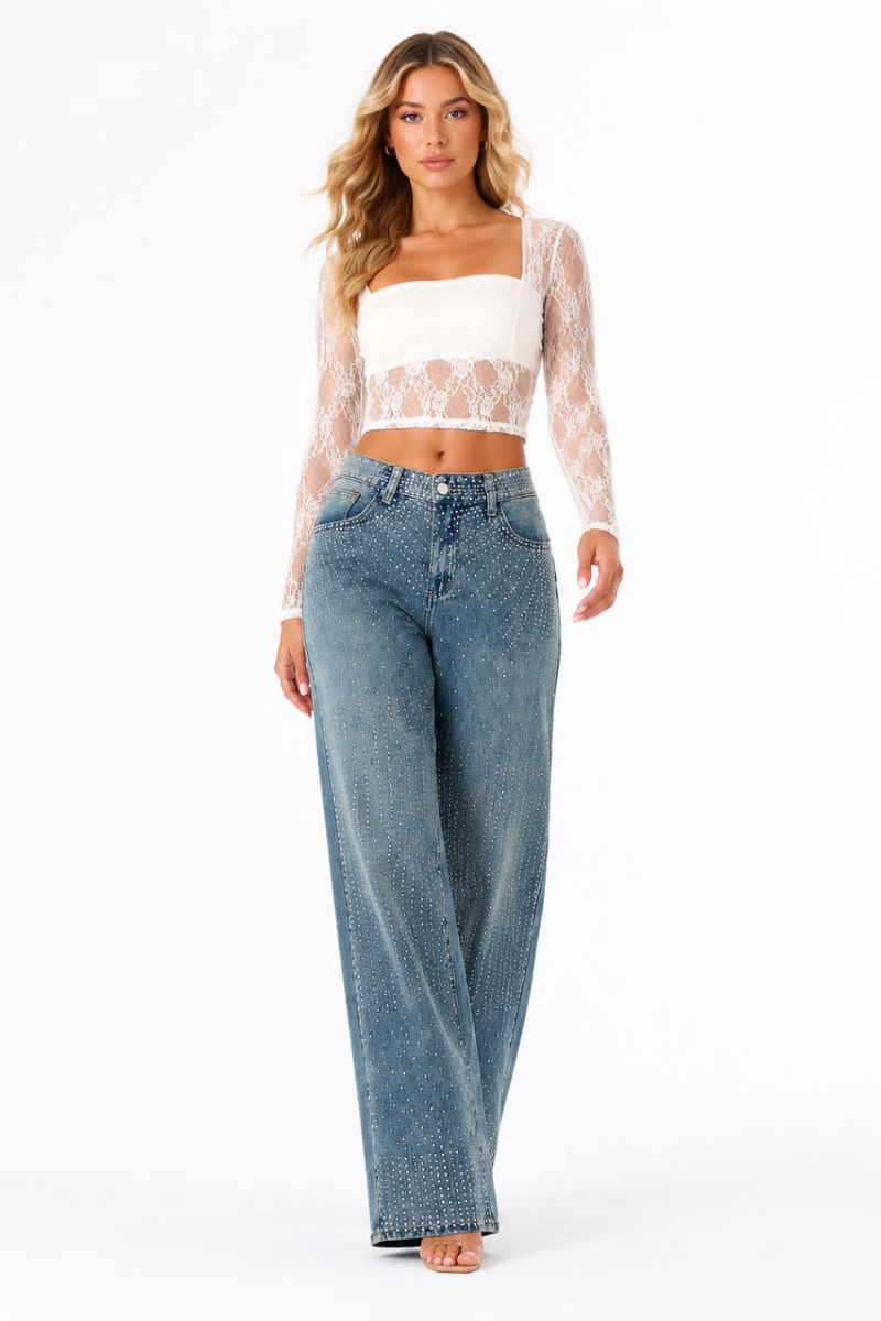Women's High Waist Rhinestone Embellished Straight Leg Jeans