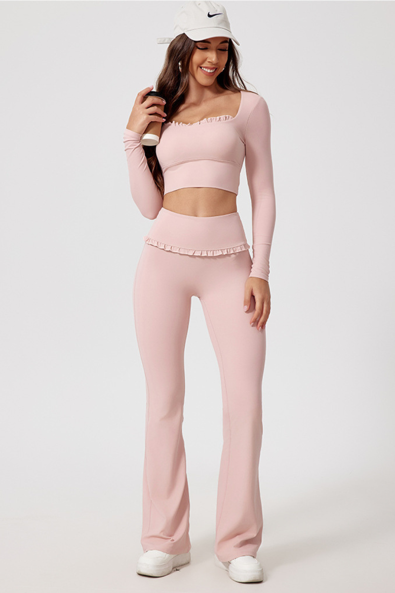 Women's Sport Set:Long Sleeved Cropped Top And Flared Pants