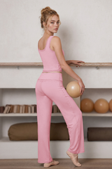 Women's Lace Trim Tank Top And Wide Leg Pants Workout Set