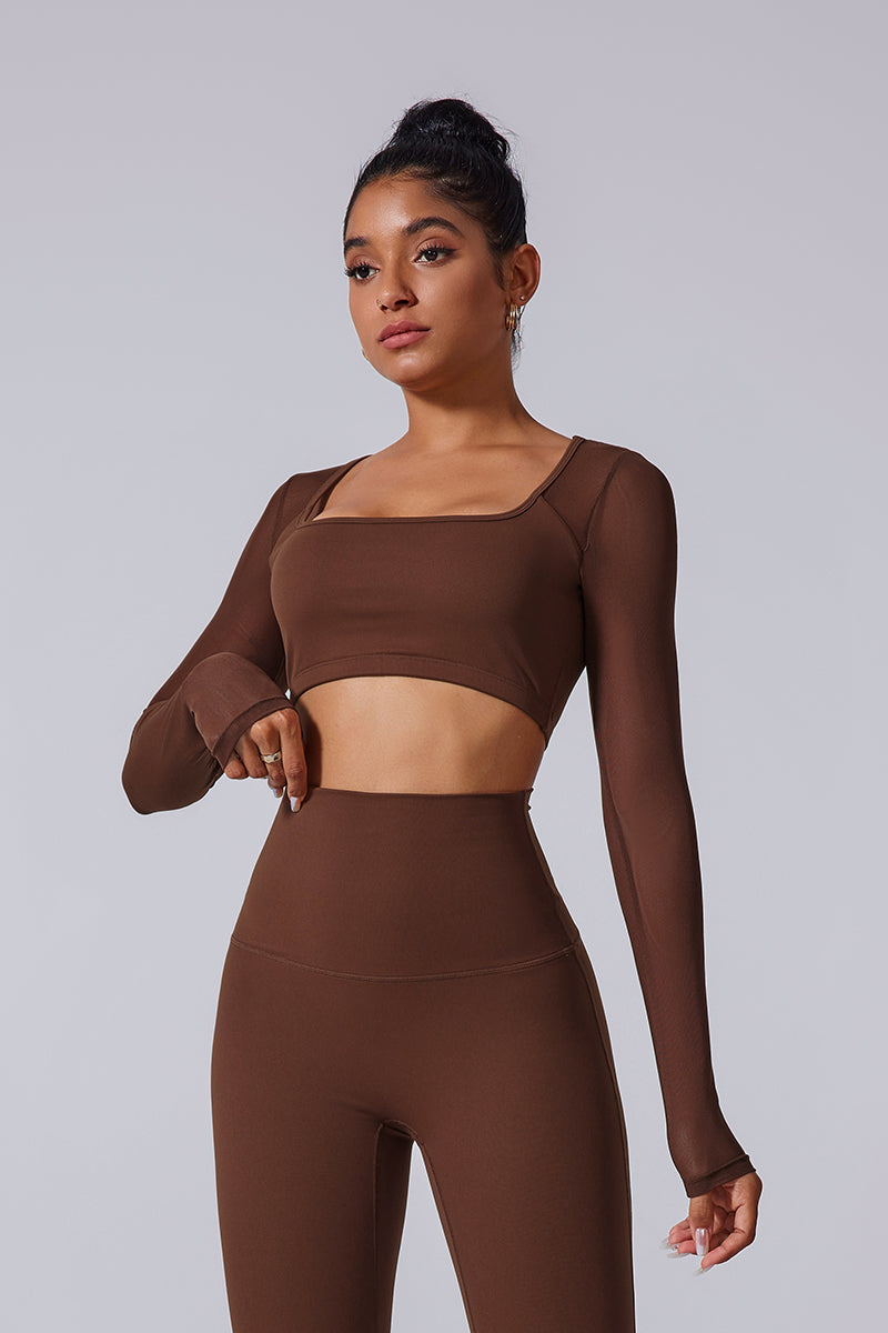 Women'S Square Neckline Mesh Shows The Navel Back Pleated Athletic Long Sleeves