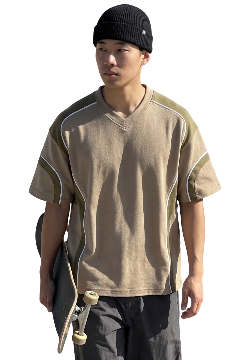 Men's 100% Cotton Color-Block V-Neck Short-Sleeve T-Shirt