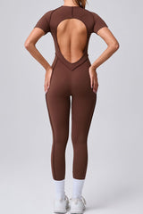 Women Stereoscopic Backless Skinny Short Sleeve Long Pants One Piece Sports Yoga Bodysuit