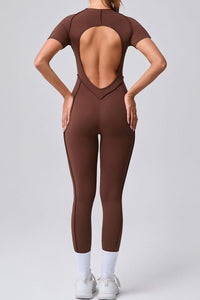 Women Stereoscopic Backless Skinny Short Sleeve Long Pants One Piece Sports Yoga Bodysuit