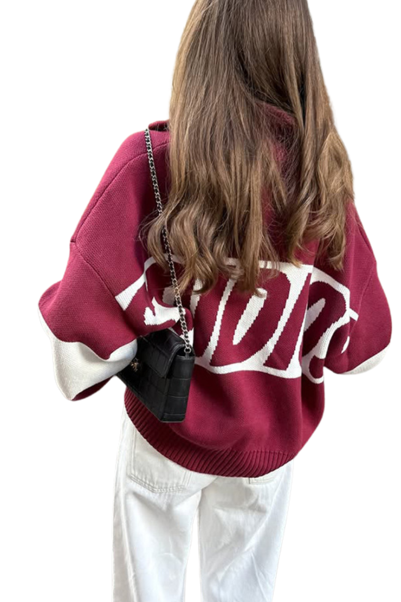 Color-contrast letter-patterned knitted cardigan