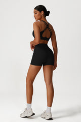 Women Cross Back Yoga Set: Removable Padding Sports Bra + High Waist Shorts