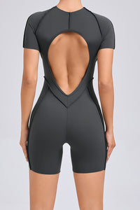Women One-Piece Tight Short-Sleeved Hollow Back Stereo Beauty Fitness Yoga Sports Jumpsuit