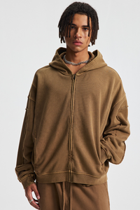 Rustic-style zipper-front pullover hoodie