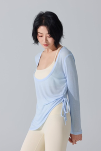 Women's Wide U-Neck Side Drawstring Sheer Long Sleeve Yoga Cover-Up