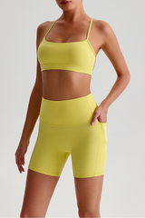 Women's Bare Feel Cross Back Bra & Side Pocket Shorts Set