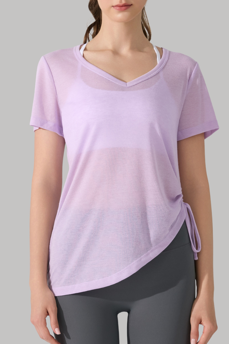 Women's V-Neck Side Drawstring Sheer Lazy Style T-shirt