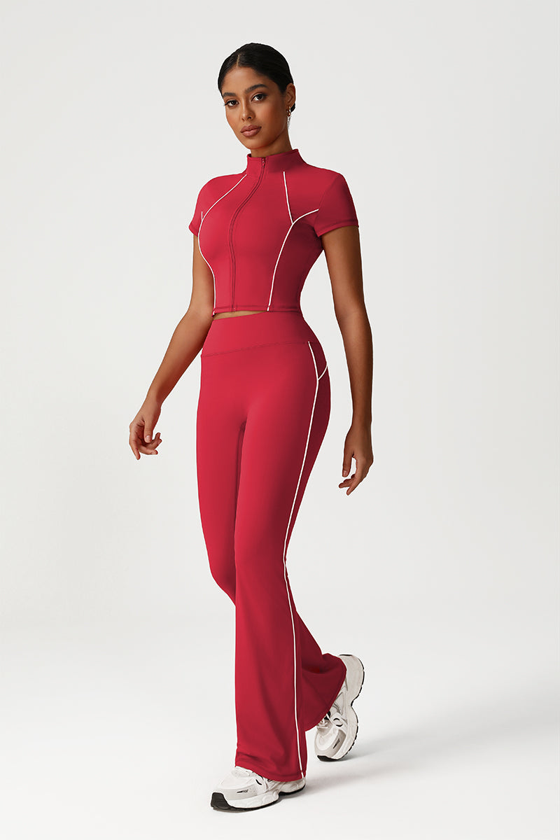 Women Seamless High Waisted Flared Yoga Set: Stand Collar Jacket + Flared Leggings