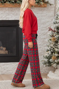 Women's Loungewear Sets:MAMA Letter Sweatshirt & Plaid Pants