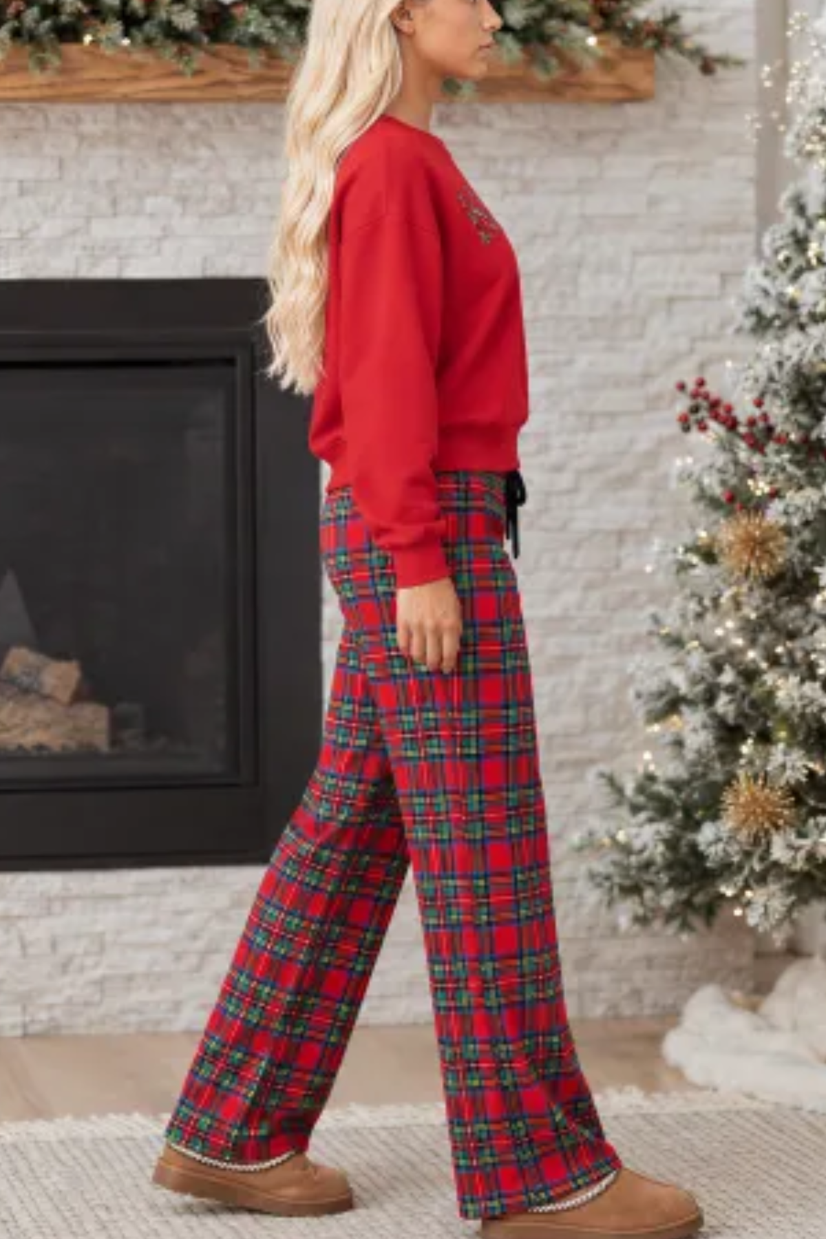 Women's Loungewear Sets:MAMA Letter Sweatshirt & Plaid Pants