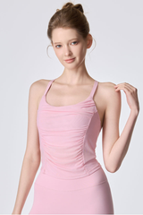 Women's Halter Mesh Ruched Waist Padded Yoga Tank Top