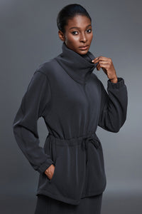 Women Stand-Collar Mid-Length Drawstring Waist Casual Commuting Jacket