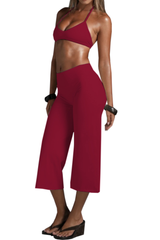 Women's Halter V-Neck Triangle Cup Sports Bra & High-Waist 7/8 Wide-Leg Yoga Pants Set