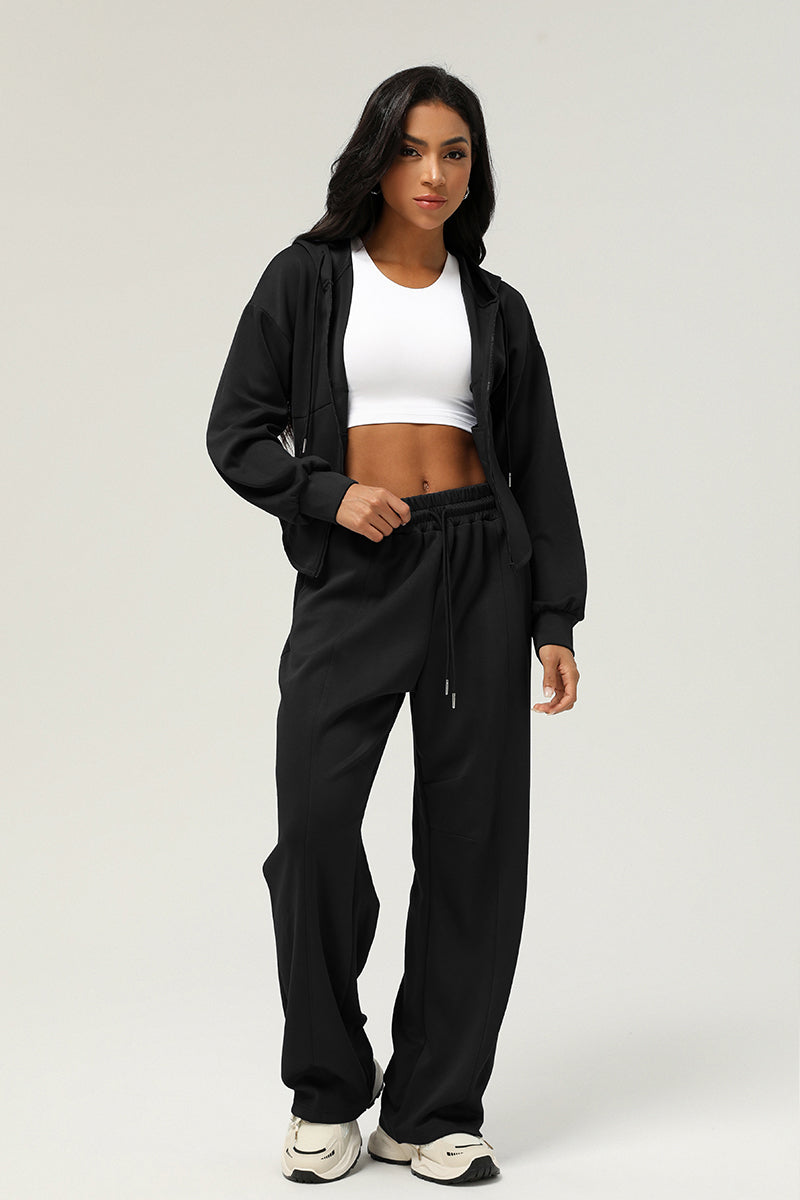 2 Pcs Set Zippered Jacket Hooded Casual Cardigan Jacket + High Waist Drawstringwide Leg Pants