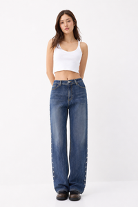 Women's High Waist Side Studded Wide Leg Jeans