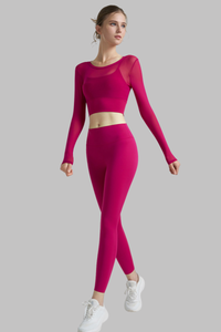 Women's Yoga Sets:Faux Two-Piece Long Sleeve Top And Legging